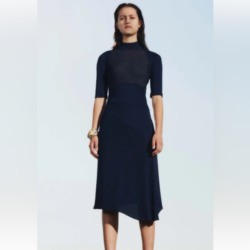 ATLEIN Women's Midi Dress Spring 2017‎ Navy Blue Half Sleeve Mock Neck Fitted